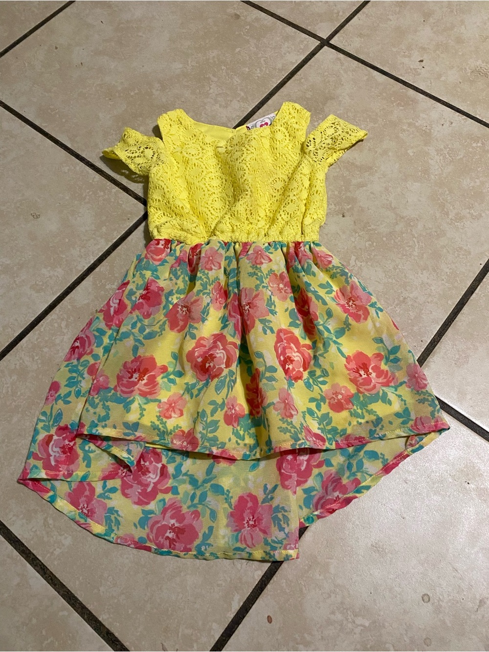 Yellow Lace Bodice Floral High-Low Girls' Dress
